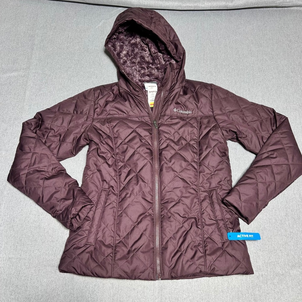 Columbia Womens Quilted Hooded Jacket Small Maroon Faux Fur Lined Active Fit